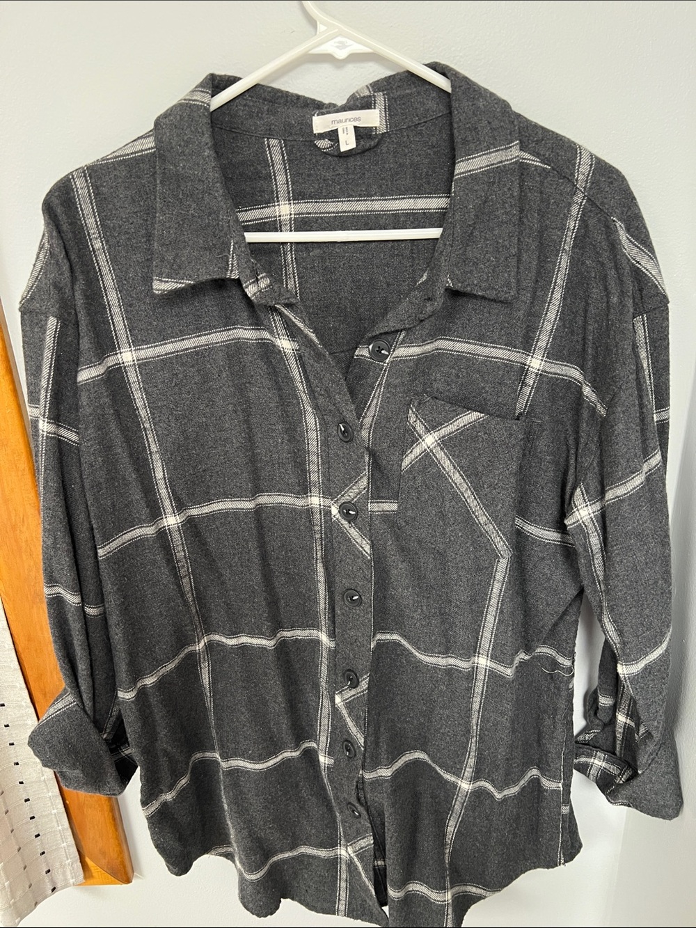 Maurices Charcoal Gray Plaid Button-Down Shirt 100% Cotton